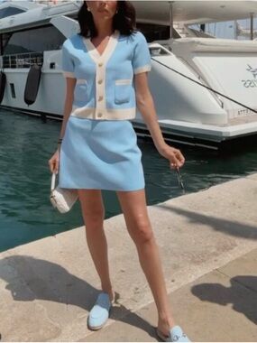 Zara Light Blue and Cream skirt Sleeve Cardigan Set skirt Small , top medium